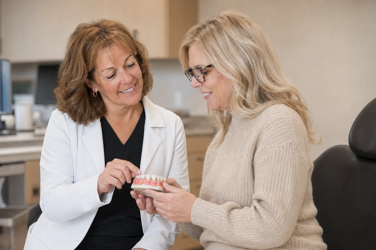 Dr. Tamara Dunlap showing a patient a dental model during a consultation