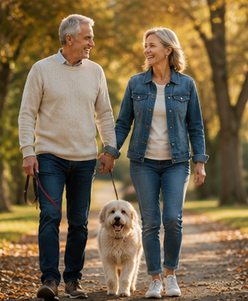 Couple walking their dog through a park