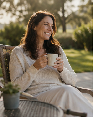 Woman with a mug of coffee on her patio in the morning