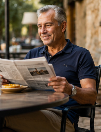 Man reading at a cafe table