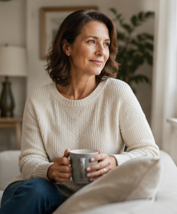 Woman relaxing at home with a cup of coffee