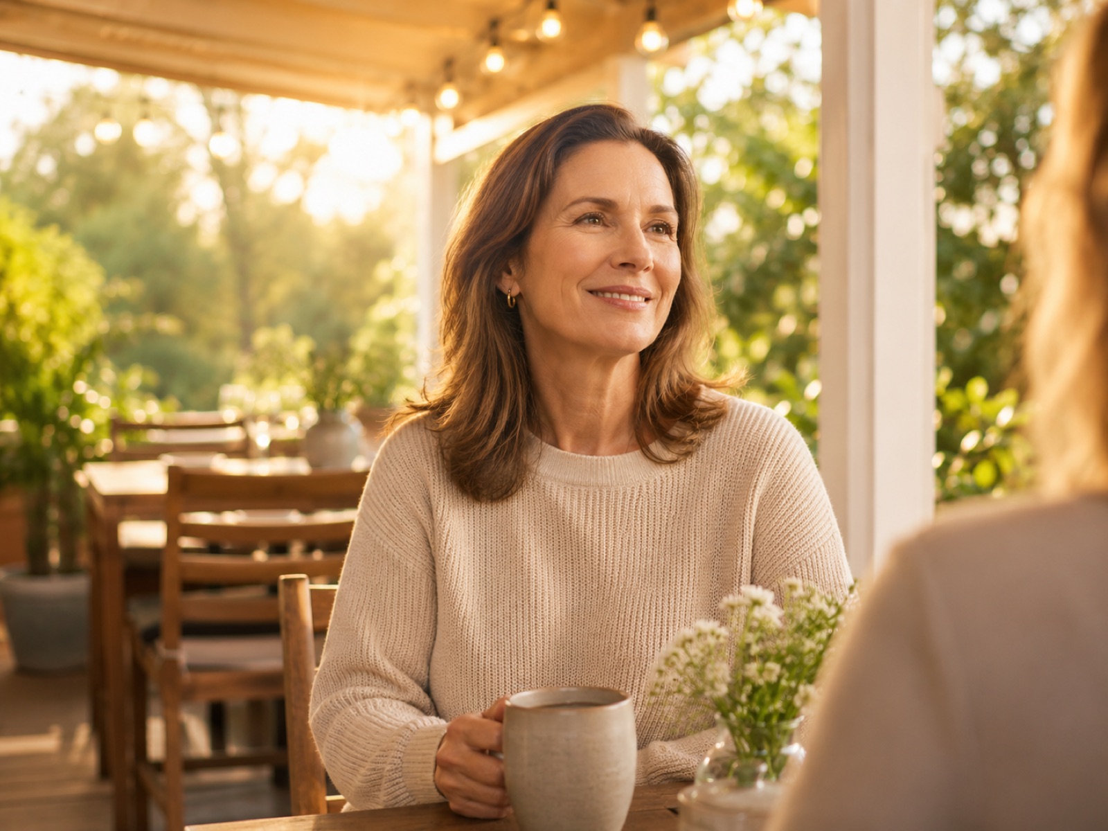 Woman enjoying coffee on a covered porch at sunset