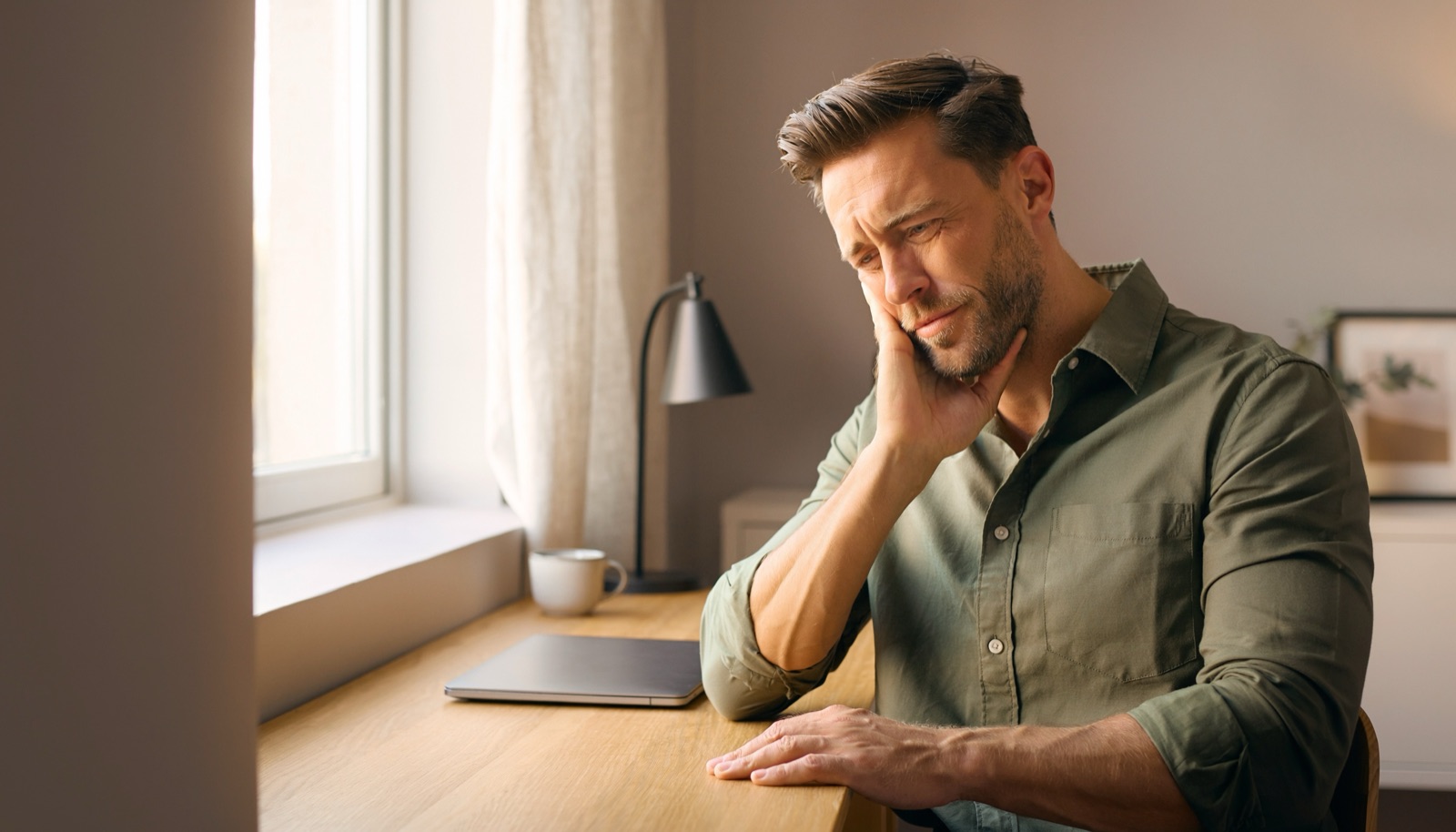 Man at his desk pressing a hand to his sore jaw