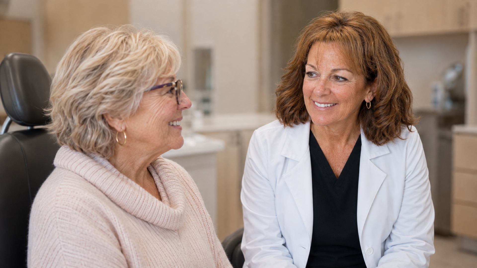 Dr. Tamara Dunlap in conversation with a longtime patient at Dunlap Family Dentistry.