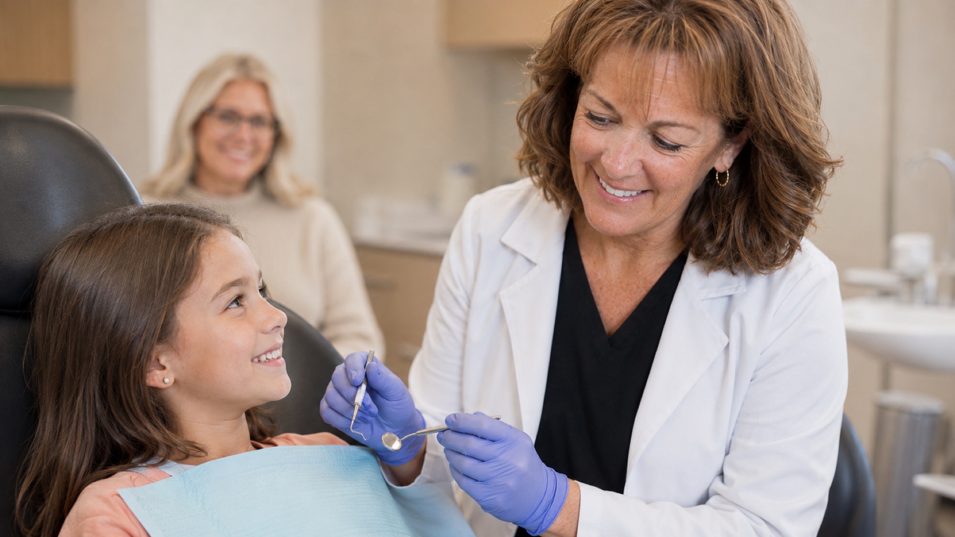 Dr. Tamara Dunlap showing dental instruments to a young patient while her mother watches at Dunlap Family Dentistry.